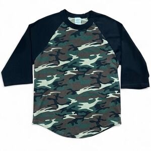 Vintage 90s Camouflage Raglan Three Quarter Sleeve Raglan Med 18x26 Shirt